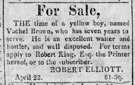 Advertisement to sell the enslaved Vachel Brown, in Lancaster, PA in 1813.